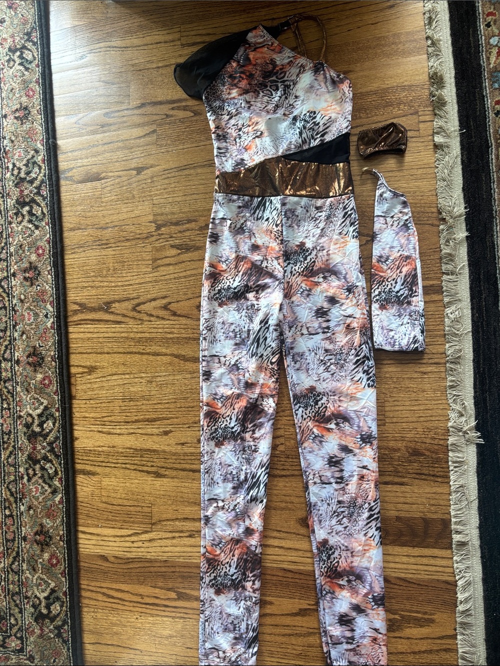 Revolution One-Shoulder Printed Jumpsuit with Bronze Waistband